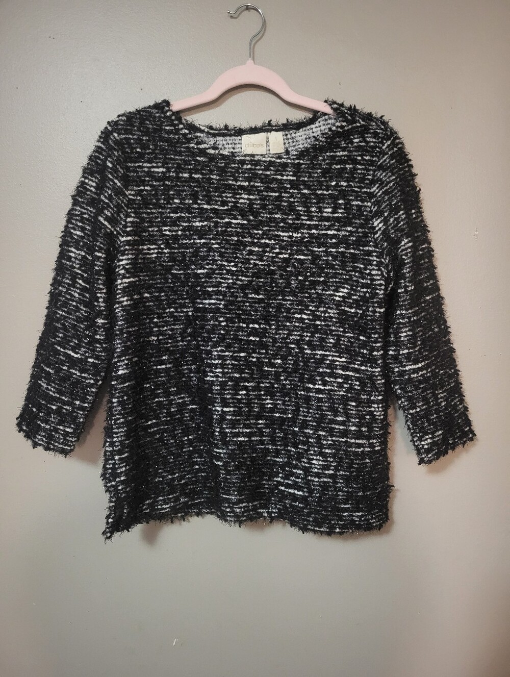 Chico's Black White Textured Fuzzy Scoop Neck Sweater Silver 1 Medium Evening